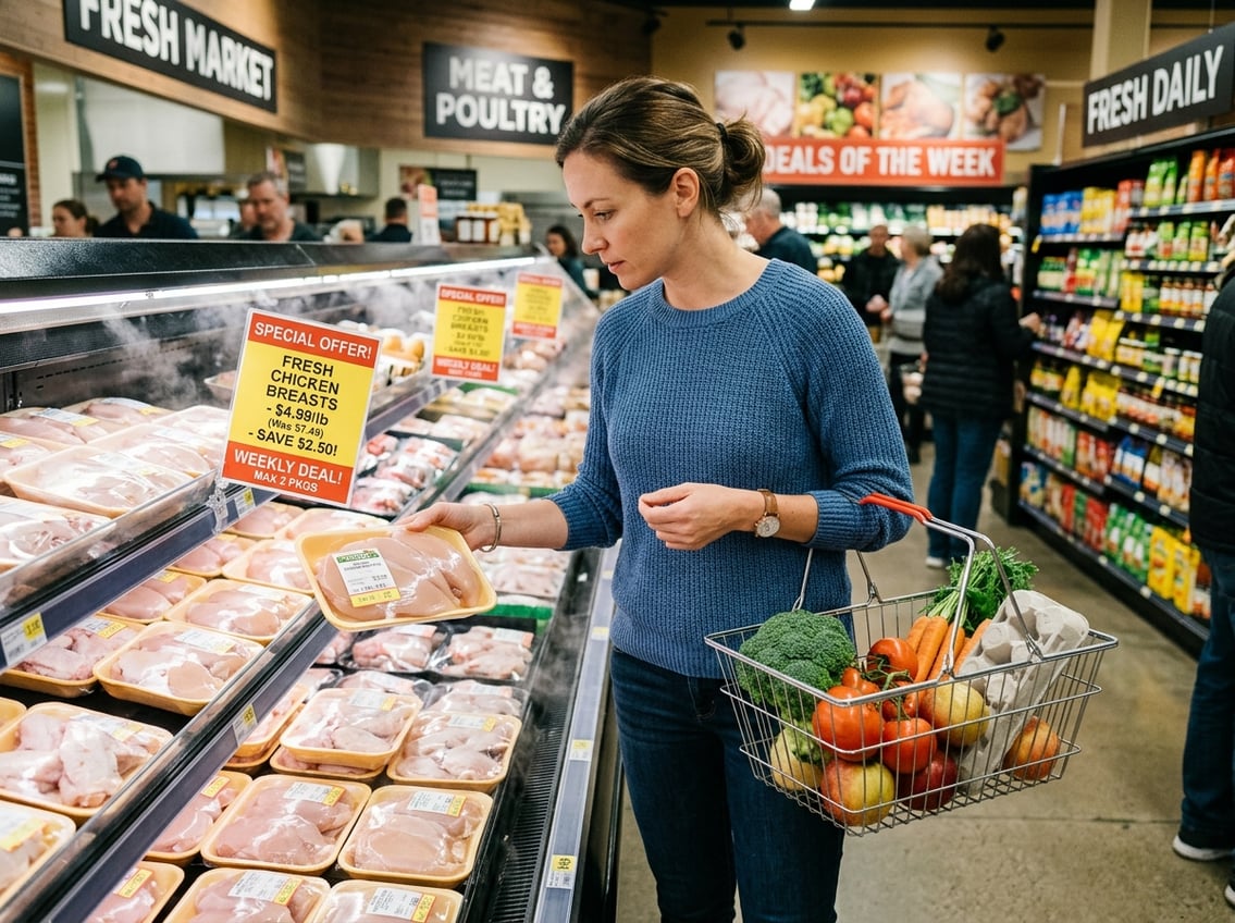 A person shopping for chicken breasts on sale in a grocery store, holding a basket with fresh groceries.