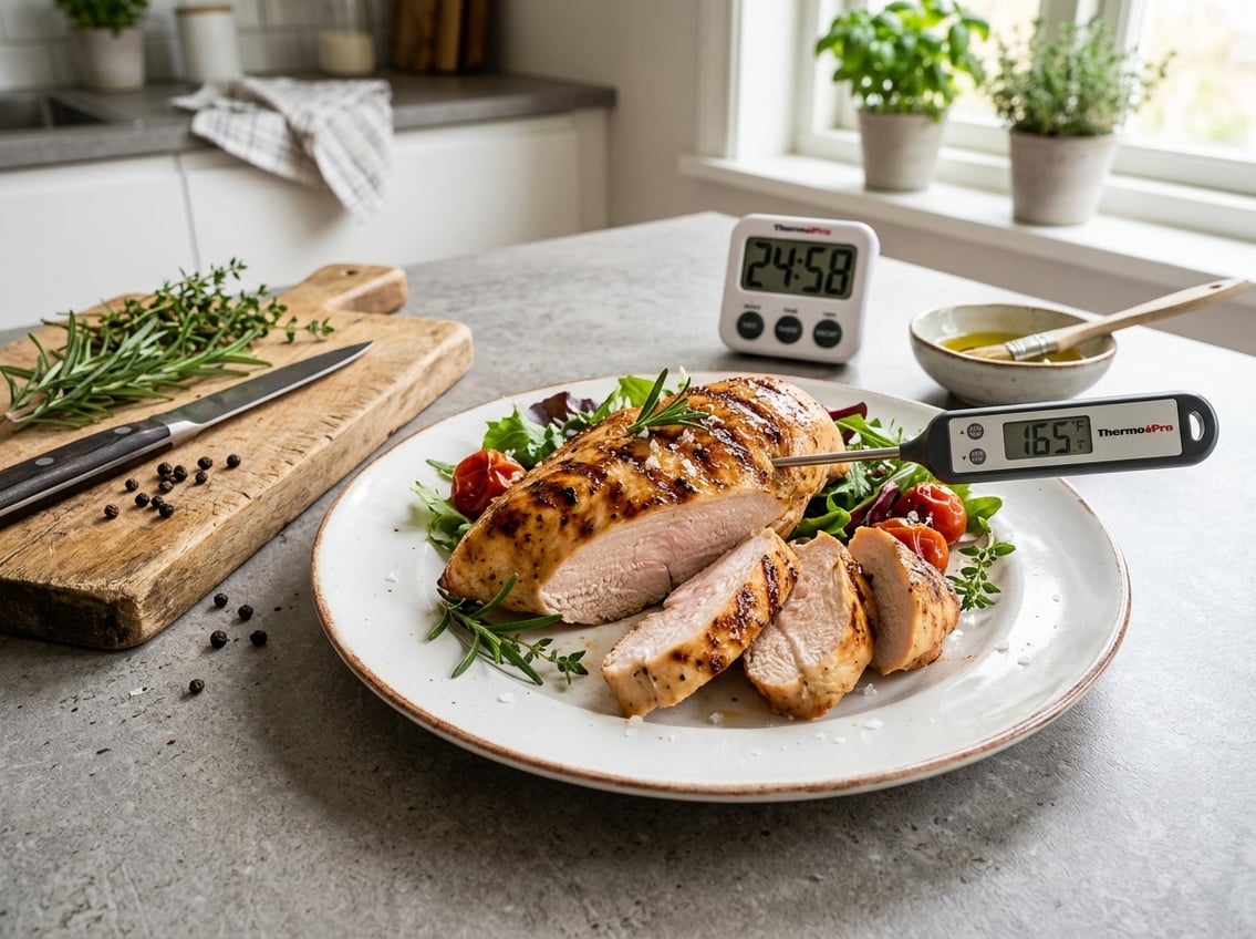 A sliced cooked chicken breast on a plate with a meat thermometer and kitchen timer nearby on a countertop.