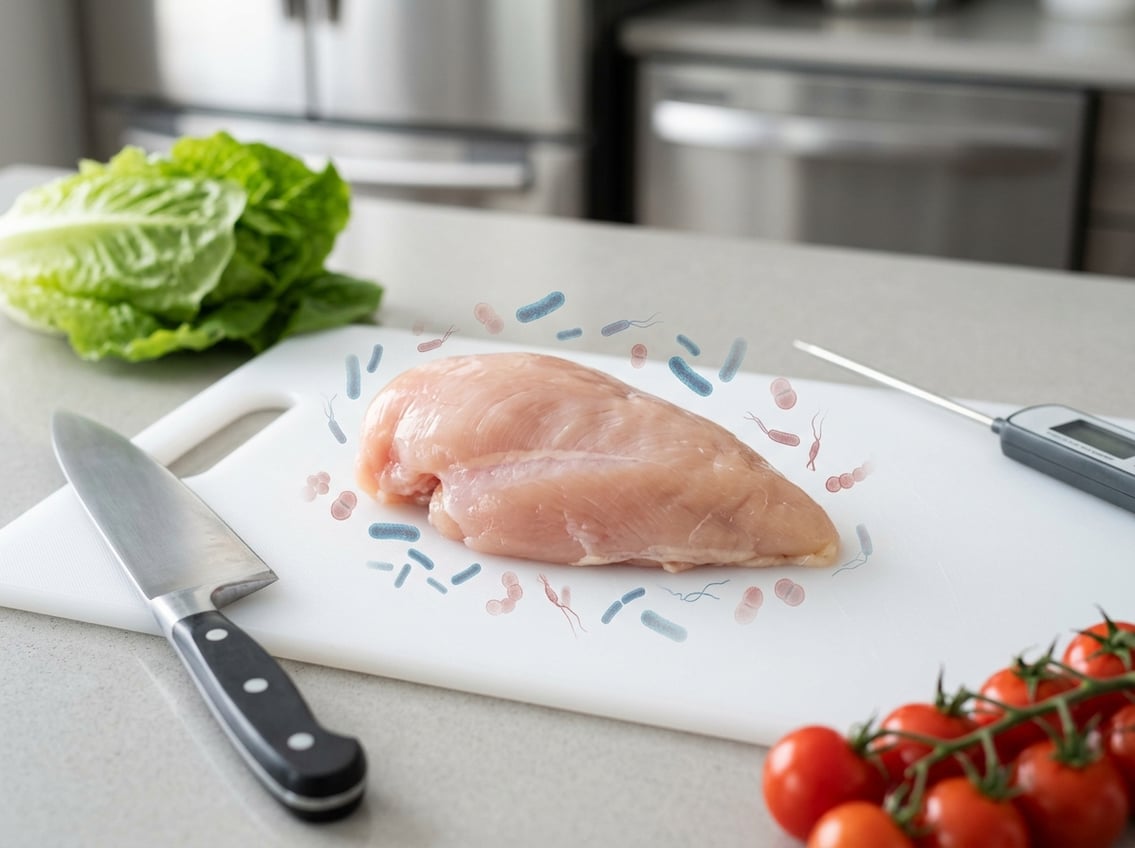 Raw chicken breast on a cutting board with kitchen items and subtle visual hints of bacteria around it.