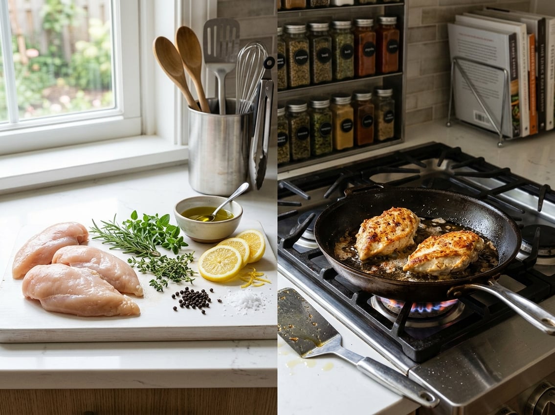 A kitchen scene showing raw chicken breast with fresh herbs and lemon on a cutting board alongside a frying pan with chicken breast cooking in oil on a stovetop.