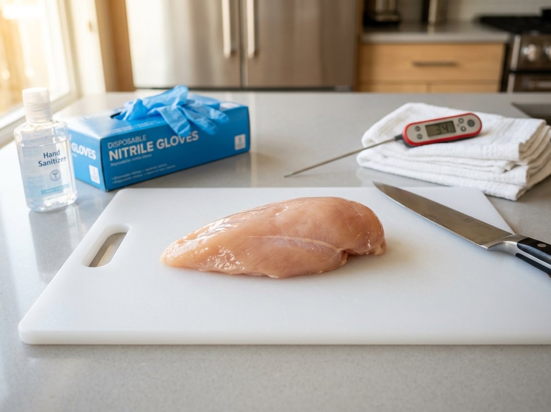 Raw chicken breast on a cutting board with gloves, hand sanitizer, and kitchen tools nearby.