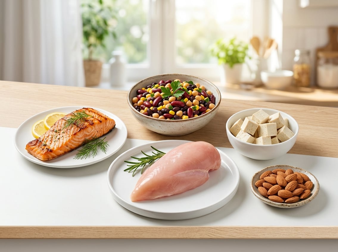 A table displaying raw chicken breast, grilled salmon, mixed beans, tofu cubes, and almonds arranged side by side.