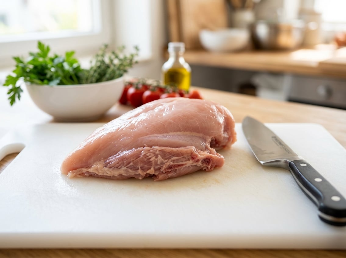 Close-up of raw chicken breast with rib meat on a white cutting board with a knife, set in a kitchen environment.