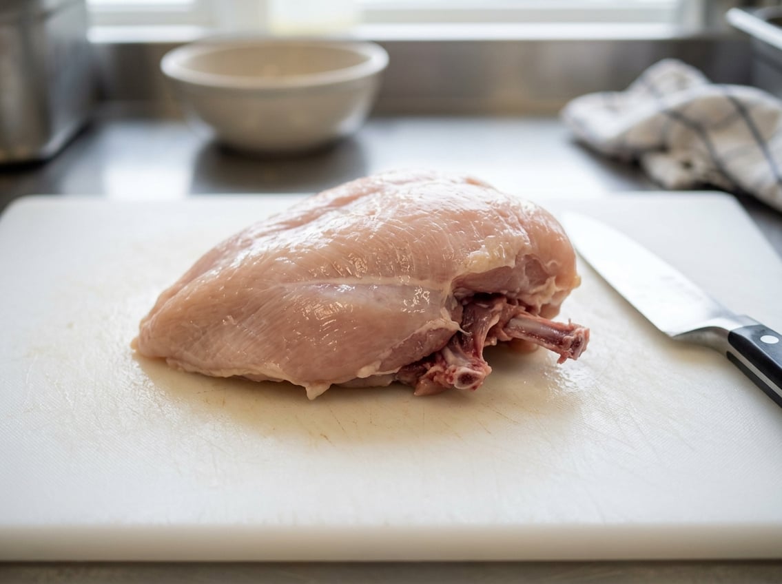 Close-up of a raw chicken breast with rib meat attached on a white cutting board with a kitchen knife nearby.