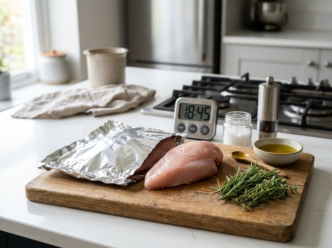 A raw chicken breast on a wooden cutting board, half covered with aluminum foil, surrounded by fresh herbs and kitchen tools on a countertop.