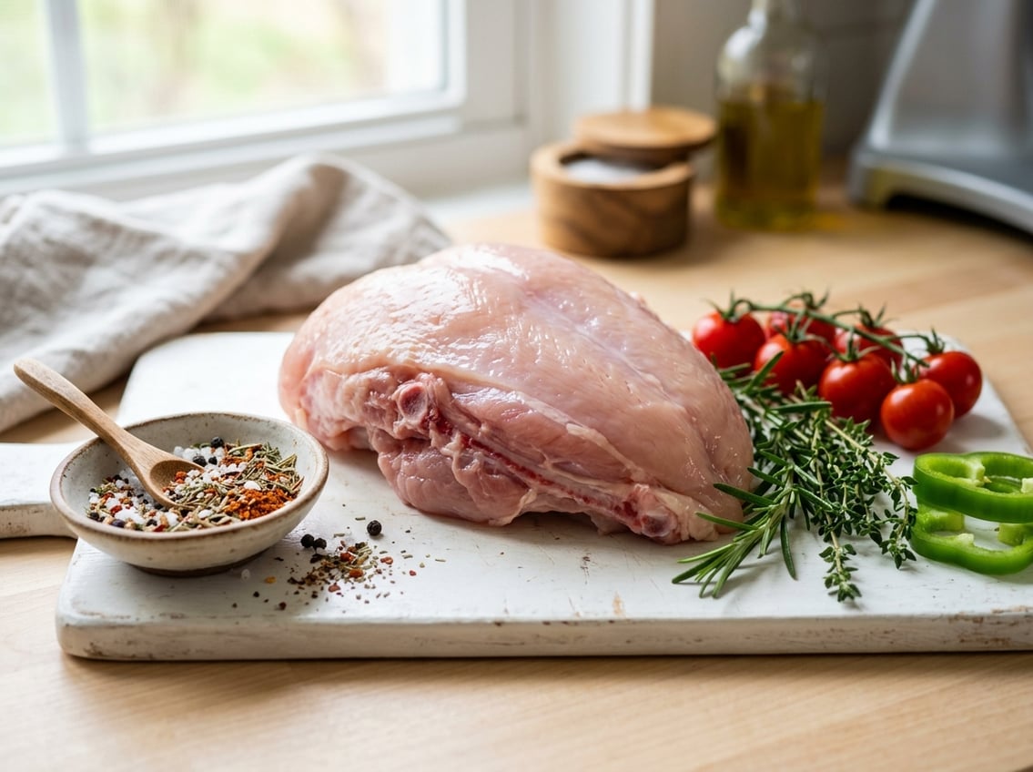 Close-up of a raw chicken breast with attached rib meat on a cutting board surrounded by fresh herbs and vegetables.