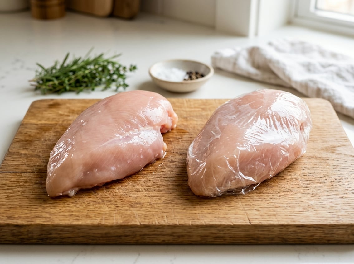 Close-up of raw chicken breasts on a wooden cutting board, one covered with plastic wrap and one uncovered, in a bright kitchen setting.