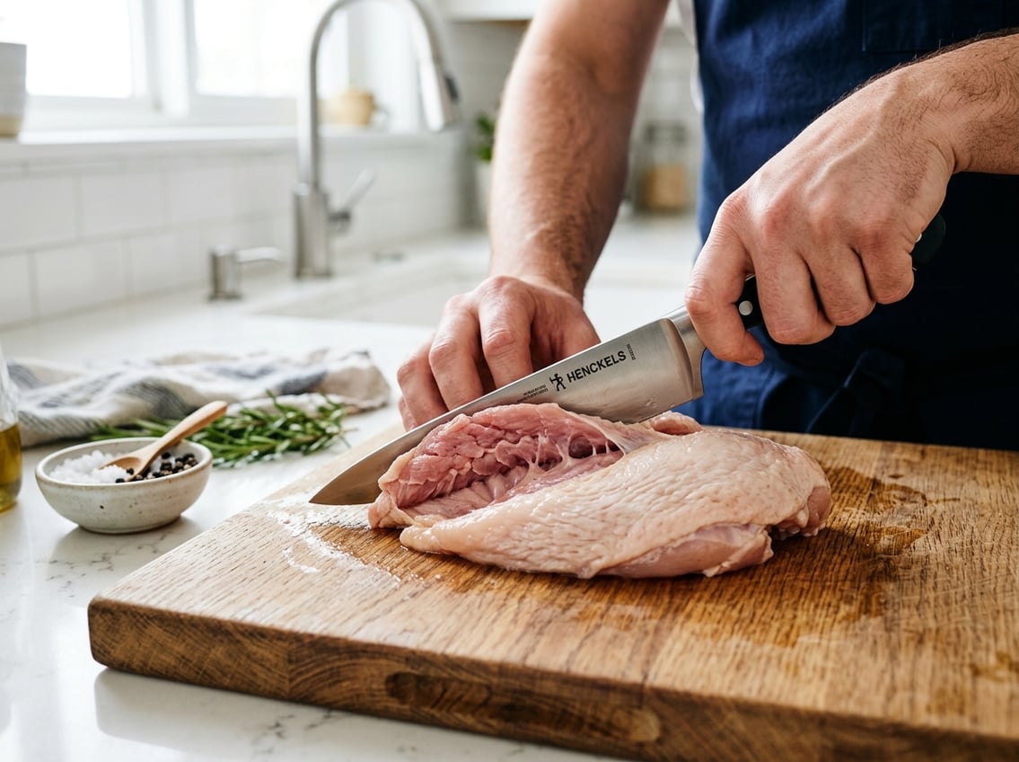 Close-up of a raw chicken breast with rib meat being trimmed on a wooden cutting board in a kitchen.