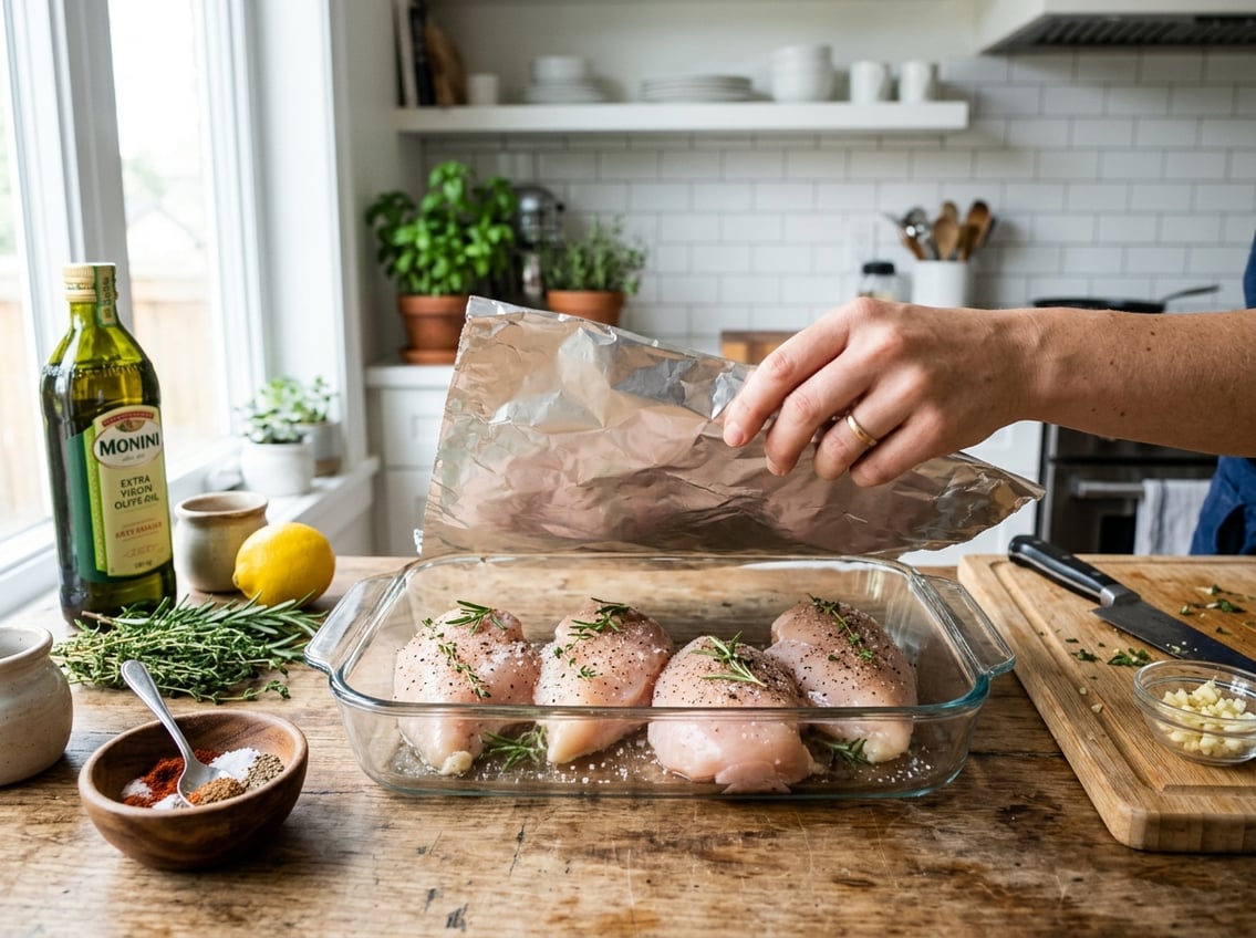 A close-up of raw chicken breasts in a glass baking dish with a hand holding aluminum foil above them, ready to cover, on a kitchen countertop with herbs and spices nearby.
