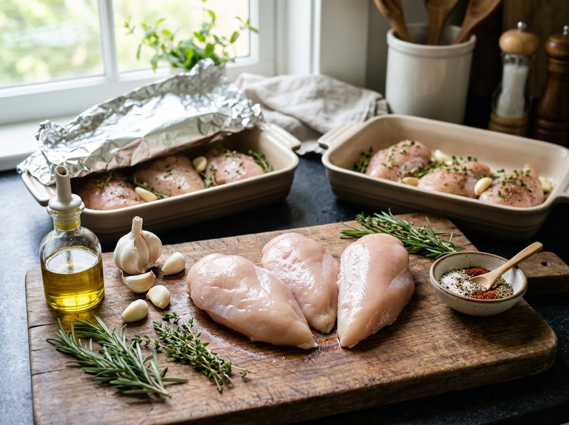 Raw chicken breasts on a cutting board with herbs, garlic, and olive oil nearby, next to a covered and an uncovered glass baking dish.