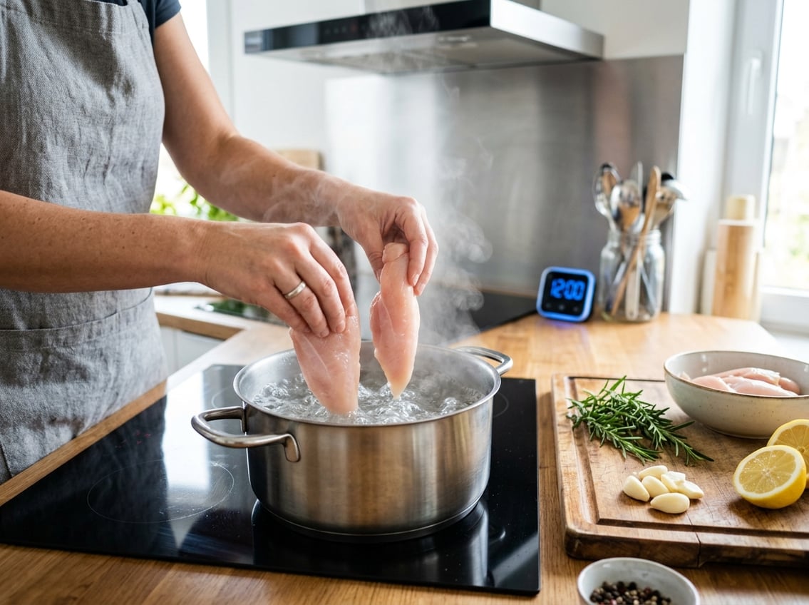 Hands placing raw chicken breasts into a steaming pot of boiling water in a kitchen with fresh herbs and ingredients nearby.