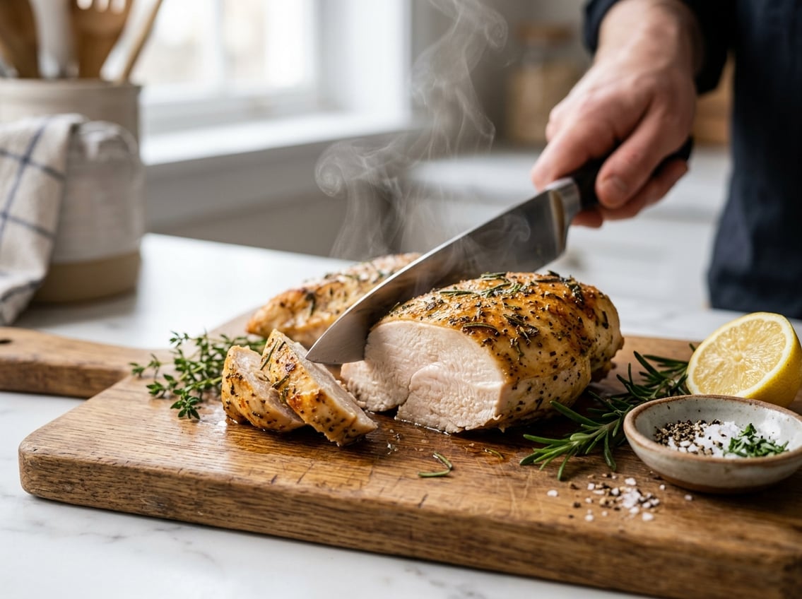 A sliced chicken breast on a wooden cutting board with fresh herbs and lemon in a kitchen setting.