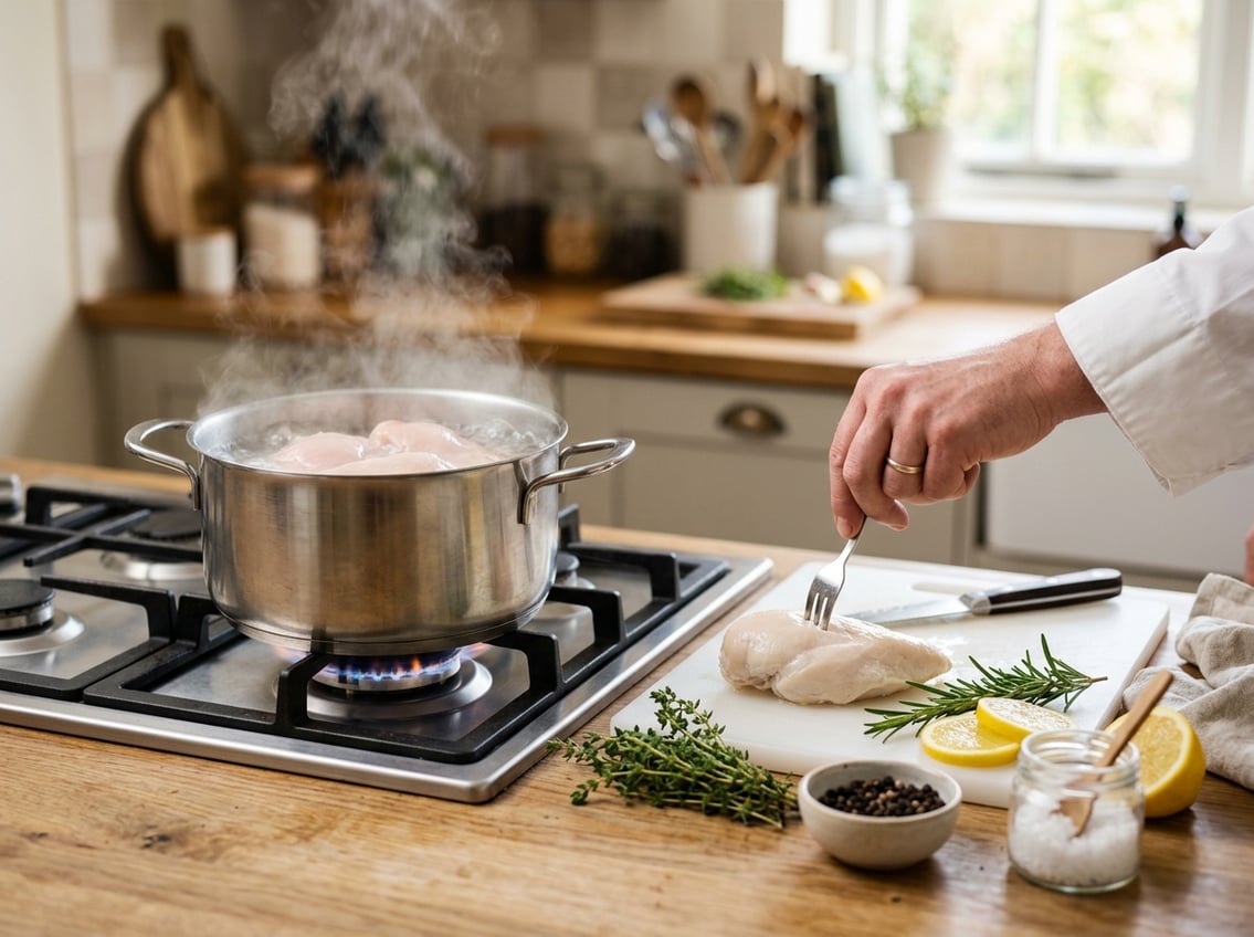 A close-up of chicken breasts boiling in a pot on a stove, with a hand holding a fork testing cooked chicken on a cutting board surrounded by fresh ingredients.