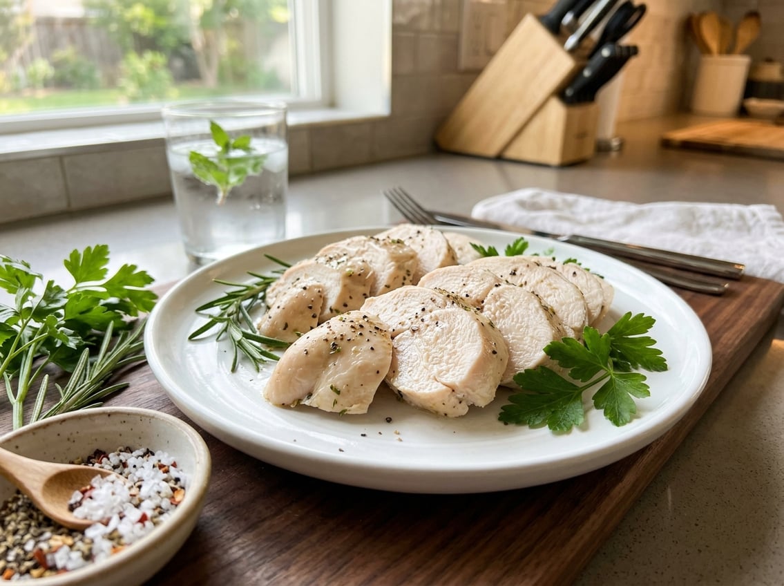 Close-up of tender boiled chicken breast pieces on a white plate with fresh herbs and seasoning on a kitchen countertop.