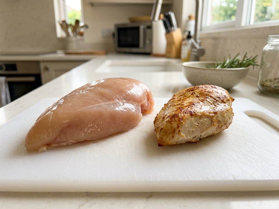 A raw chicken breast next to a smaller cooked chicken breast on a white cutting board in a kitchen.