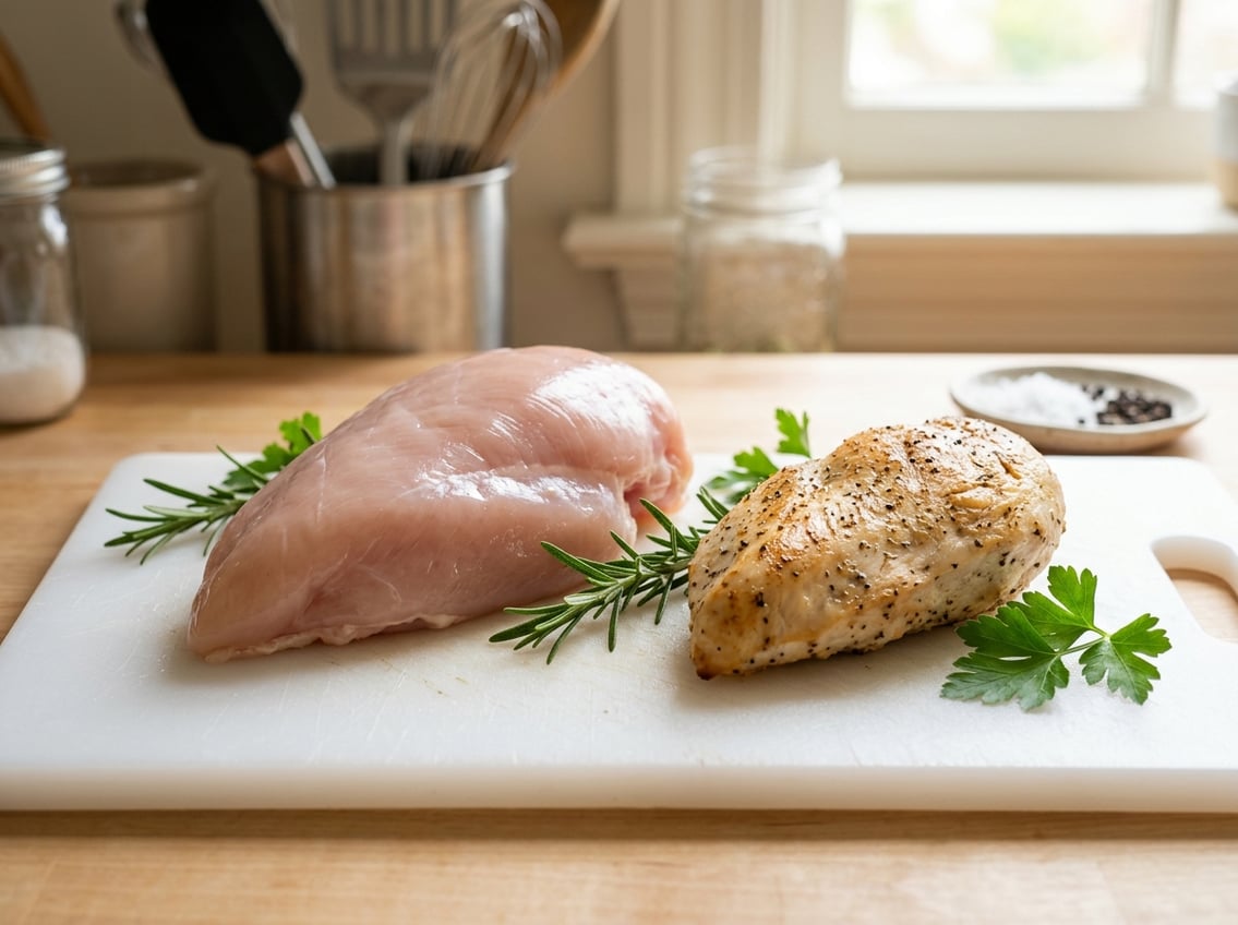 Close-up of raw and cooked chicken breasts side by side on a cutting board, showing the cooked chicken breast smaller than the raw one.