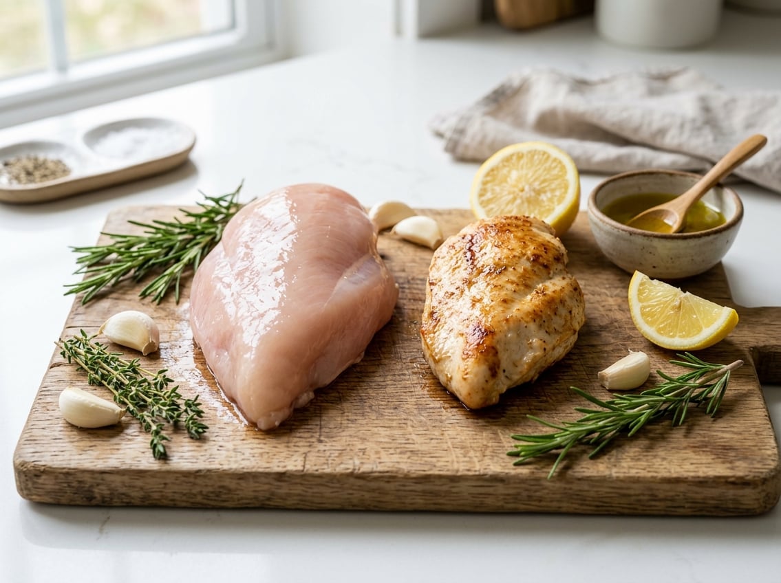 Close-up of raw and cooked chicken breasts on a cutting board with fresh herbs and cooking ingredients nearby.