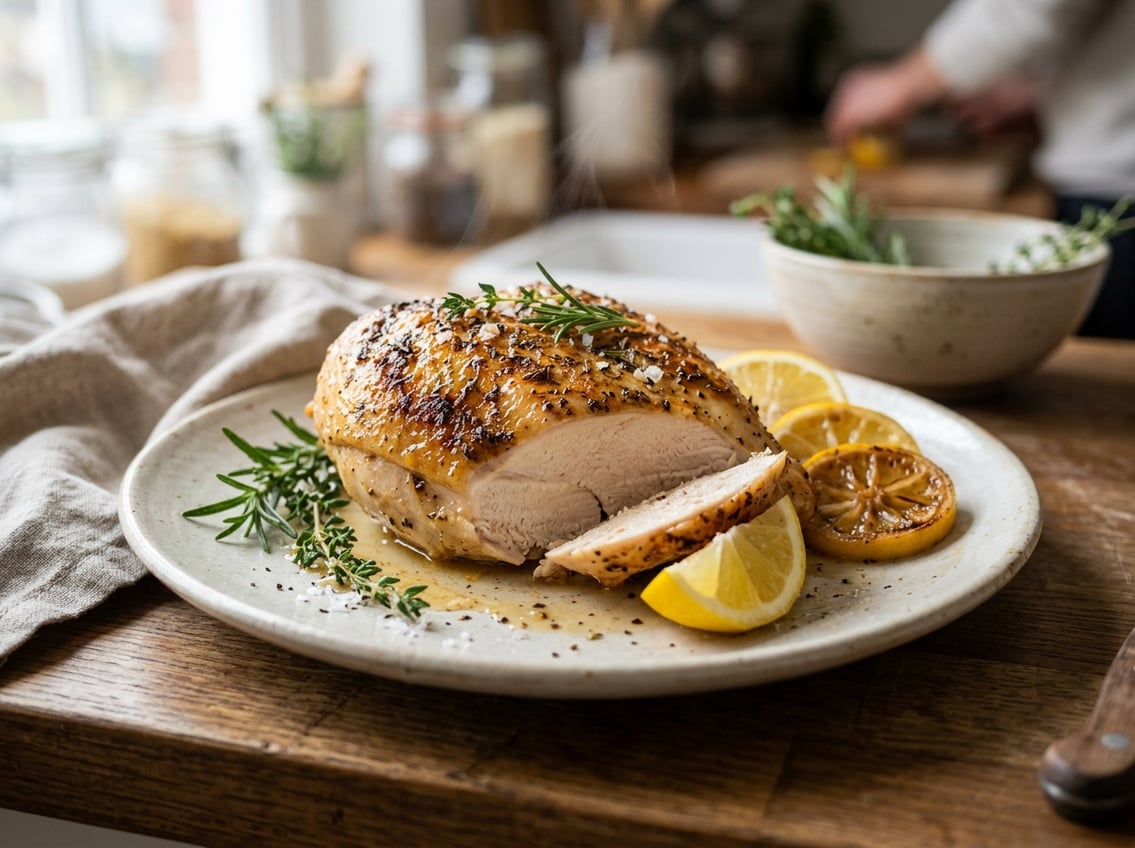 A cooked chicken breast on a white plate garnished with fresh herbs and lemon slices.