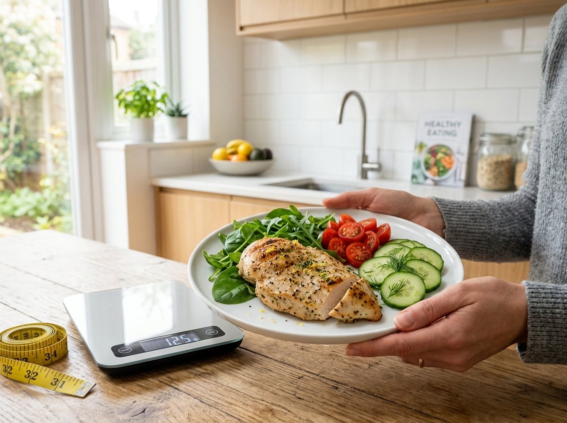 Hands holding a plate with cooked chicken breast and fresh vegetables in a bright modern kitchen with a kitchen scale and measuring tape nearby.