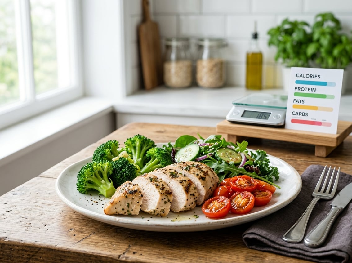 A cooked chicken breast served on a plate with fresh vegetables in a kitchen setting.