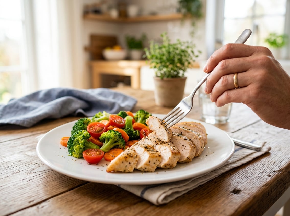 A plate with sliced chicken breast and fresh vegetables on a table, with a hand holding a fork ready to eat.