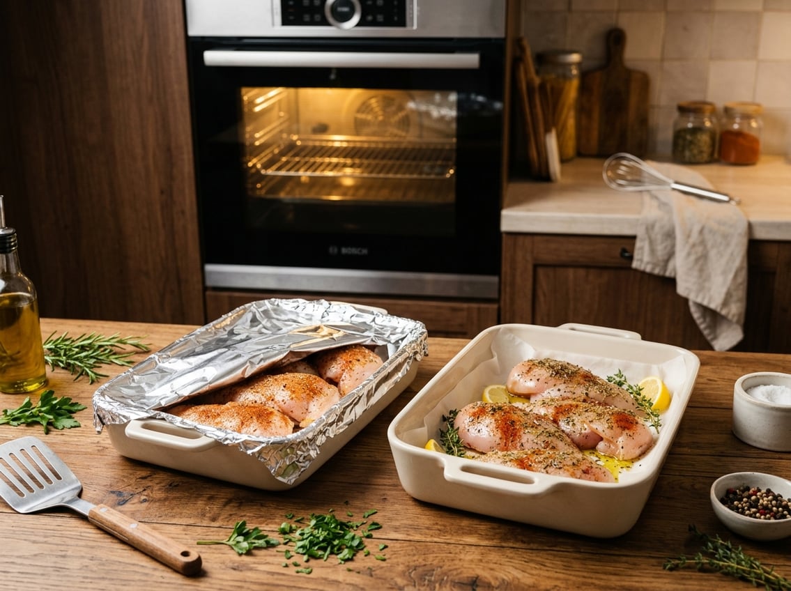 Two baking dishes with chicken breasts, one covered with foil and one uncovered, on a kitchen countertop near an open oven.