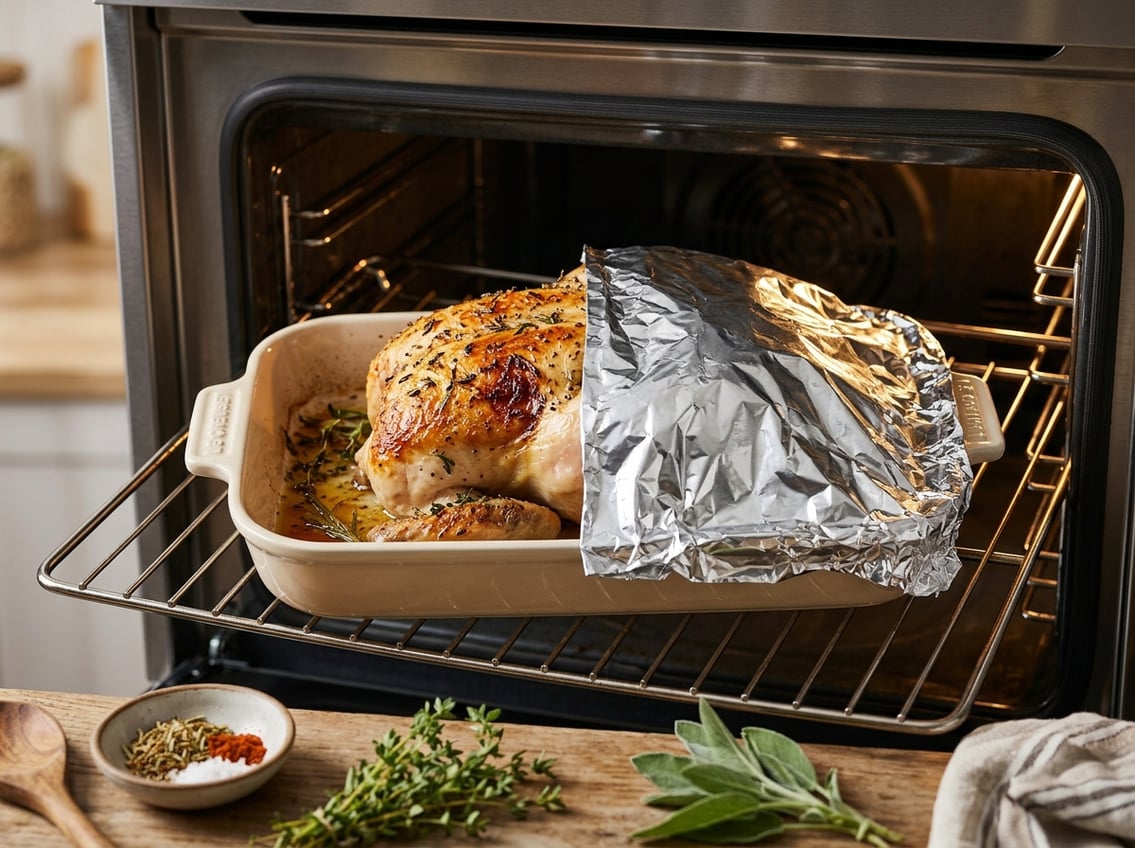 Raw chicken breast in an oven dish, partially covered with foil, showing moist and browned areas inside a clean oven.