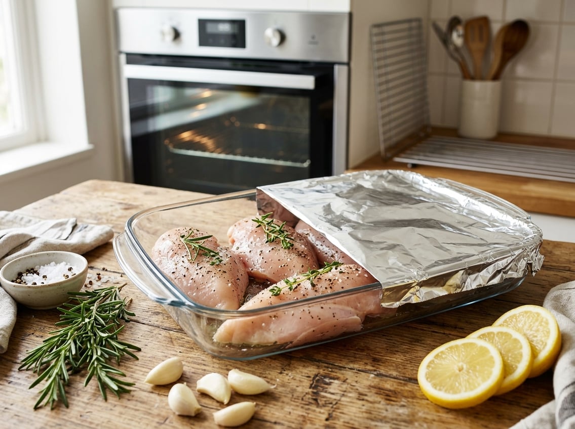 Close-up of raw chicken breasts in a glass baking dish partially covered with foil on a kitchen countertop with fresh herbs and lemon slices nearby.