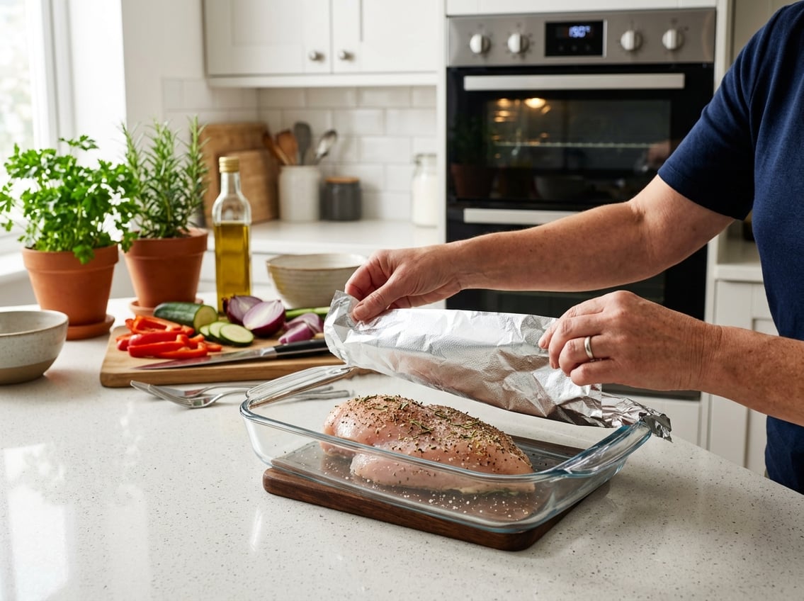 Hands covering raw chicken breast with aluminum foil in a glass baking dish on a kitchen countertop.