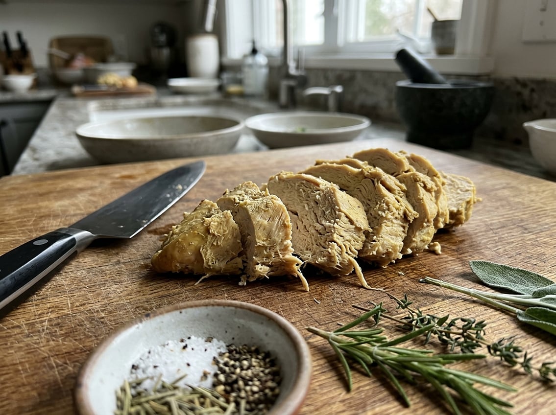 Close-up of a sliced cooked chicken breast on a cutting board with kitchen utensils and herbs nearby.