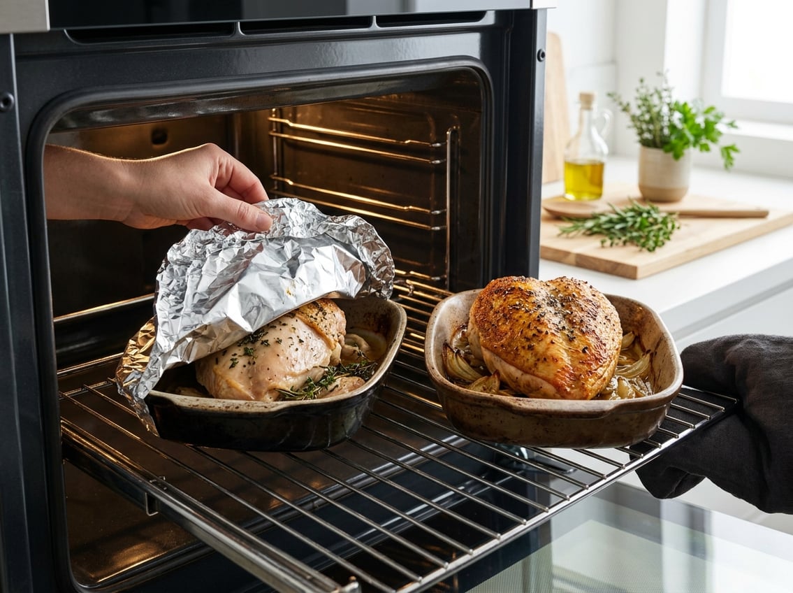 Two baking dishes with chicken breasts in an oven, one covered with foil and one uncovered, in a bright kitchen setting.