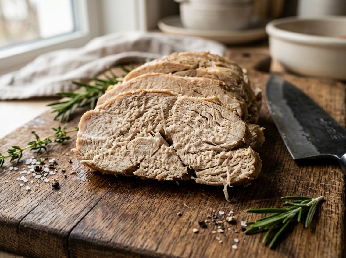 Close-up of a sliced cooked chicken breast showing a tough and fibrous texture on a wooden cutting board with herbs nearby.
