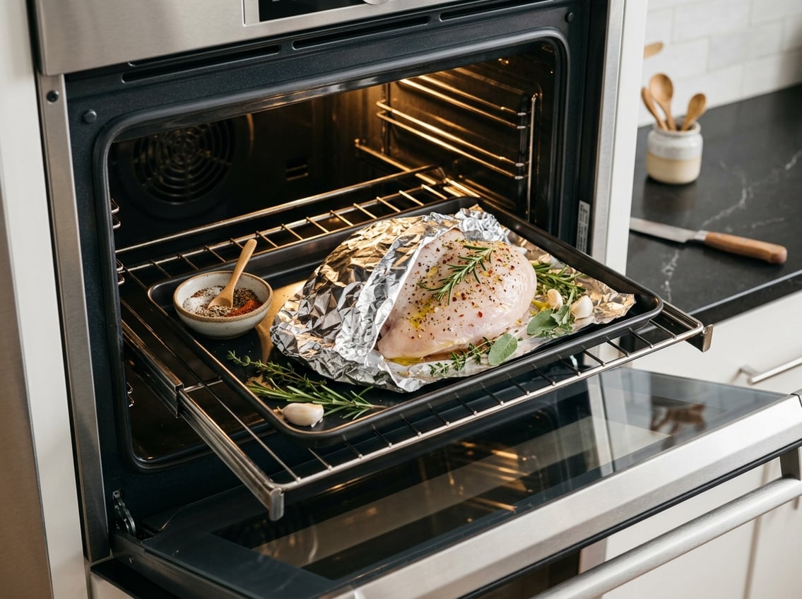 Raw chicken breast covered with foil on a baking tray inside an open oven with herbs nearby.