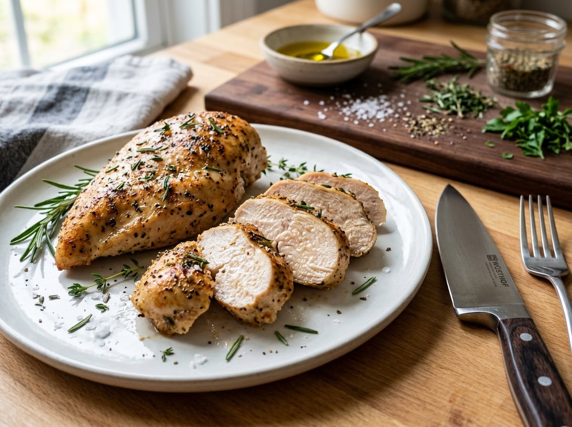 Close-up of sliced chicken breast on a plate with kitchen tools and fresh herbs on a countertop.