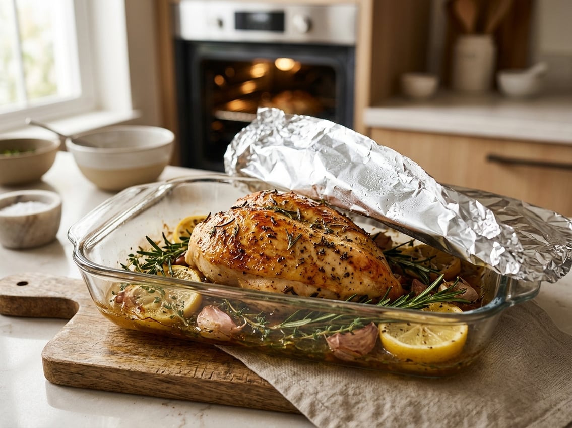 A golden brown chicken breast in a glass baking dish covered with a lid, surrounded by herbs and lemon slices inside an oven.