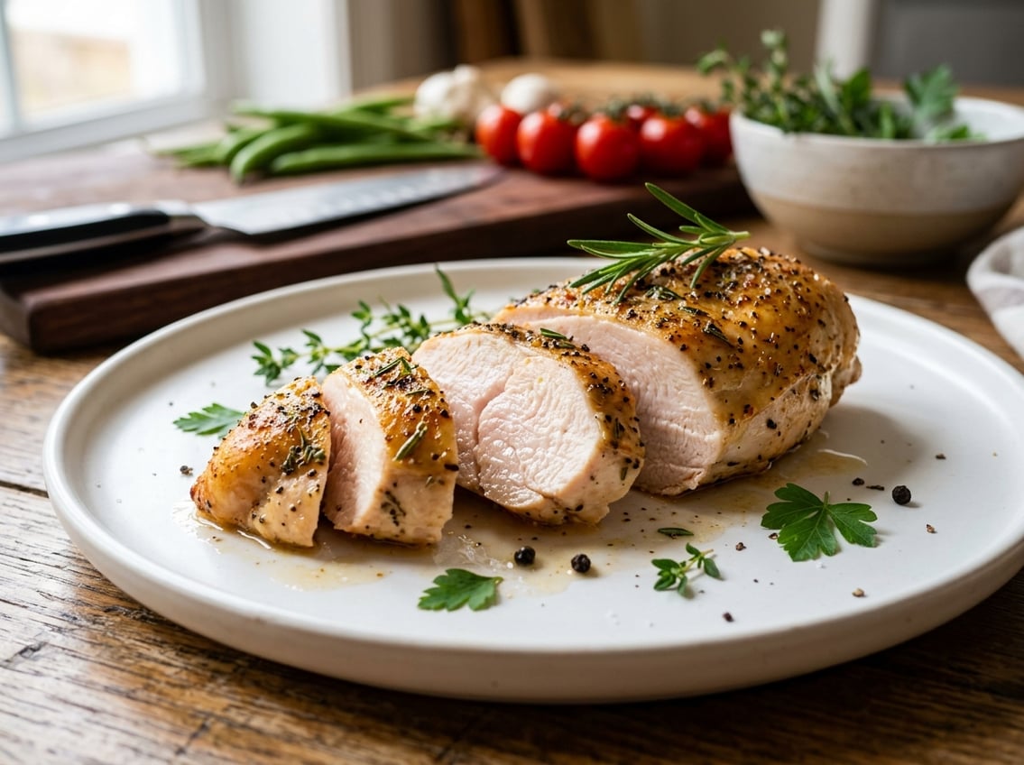 Close-up of a sliced, juicy chicken breast on a white plate garnished with fresh herbs, with kitchen items blurred in the background.