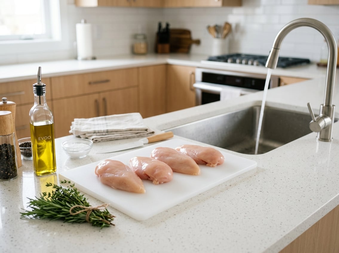 Raw chicken breasts on a cutting board next to a kitchen sink with running water in a clean kitchen setting.