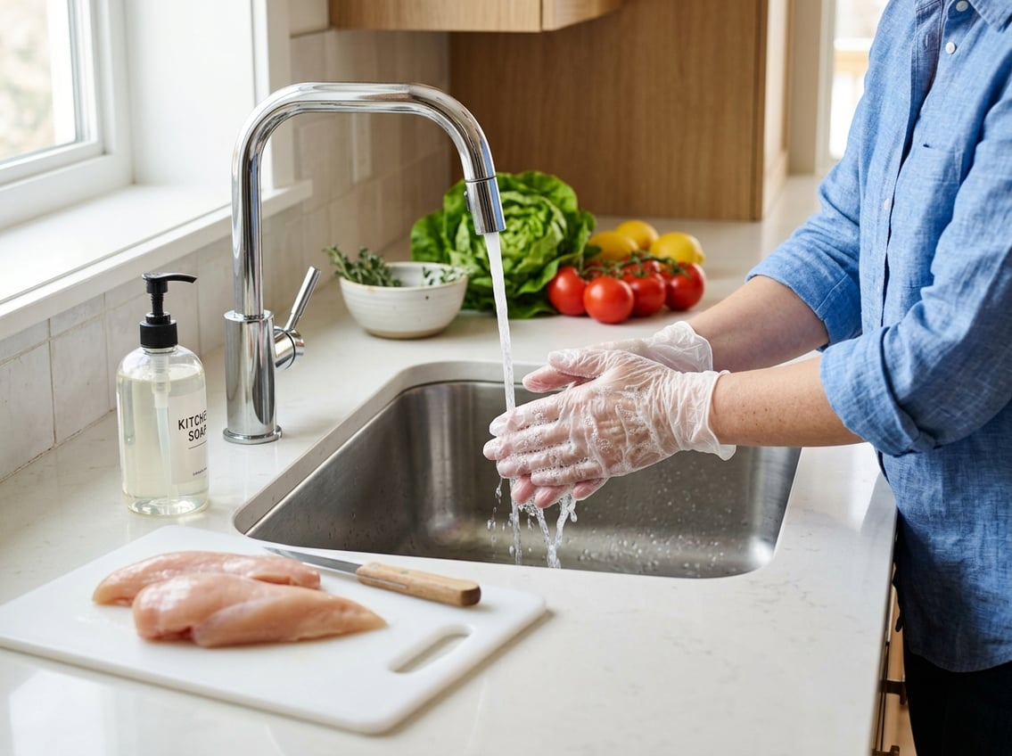 Hands washing under running water in a kitchen sink next to raw chicken breasts on a cutting board with fresh vegetables nearby.