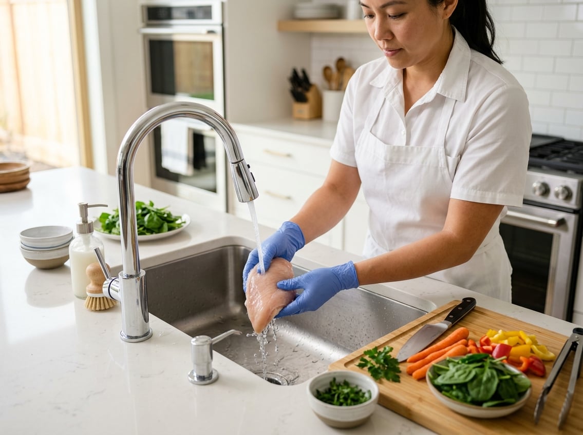 Person rinsing raw chicken breast under running water in a clean kitchen sink with fresh vegetables and utensils nearby.