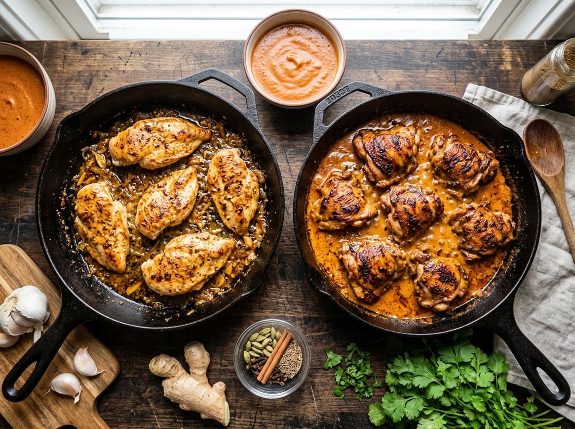 Two frying pans on a kitchen countertop, one with cooked chicken breast and the other with cooked chicken thigh, surrounded by fresh spices and ingredients.