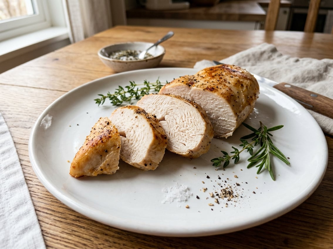 Sliced cooked chicken breast on a white plate showing firm, rubbery texture on a wooden table with herbs in the background.