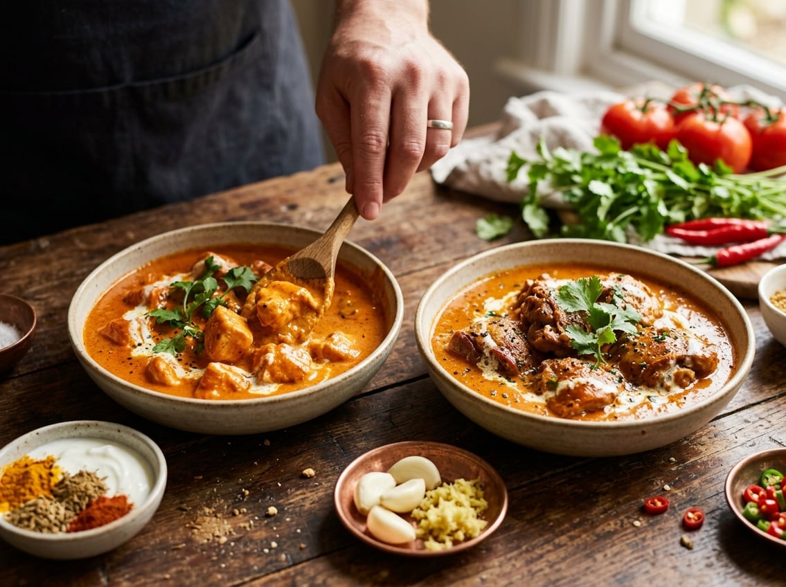 Two dishes of butter chicken with chicken breast and chicken thigh on a wooden table surrounded by marinade ingredients and fresh herbs.
