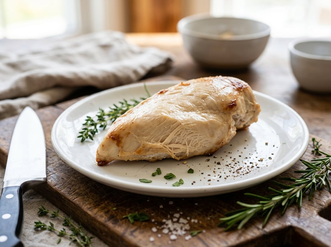 Close-up of a cooked chicken breast on a plate with kitchen tools and herbs nearby.