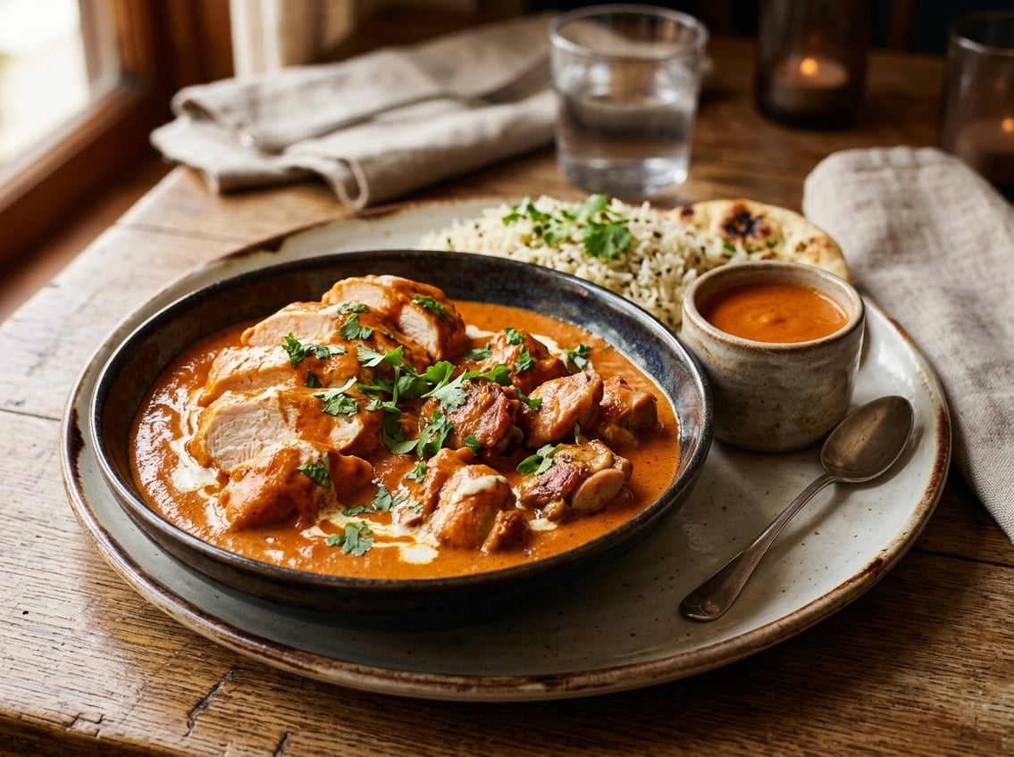 A plate with butter chicken featuring both chicken breast and thigh pieces coated in sauce, garnished with cilantro and a small bowl of extra sauce on the side.
