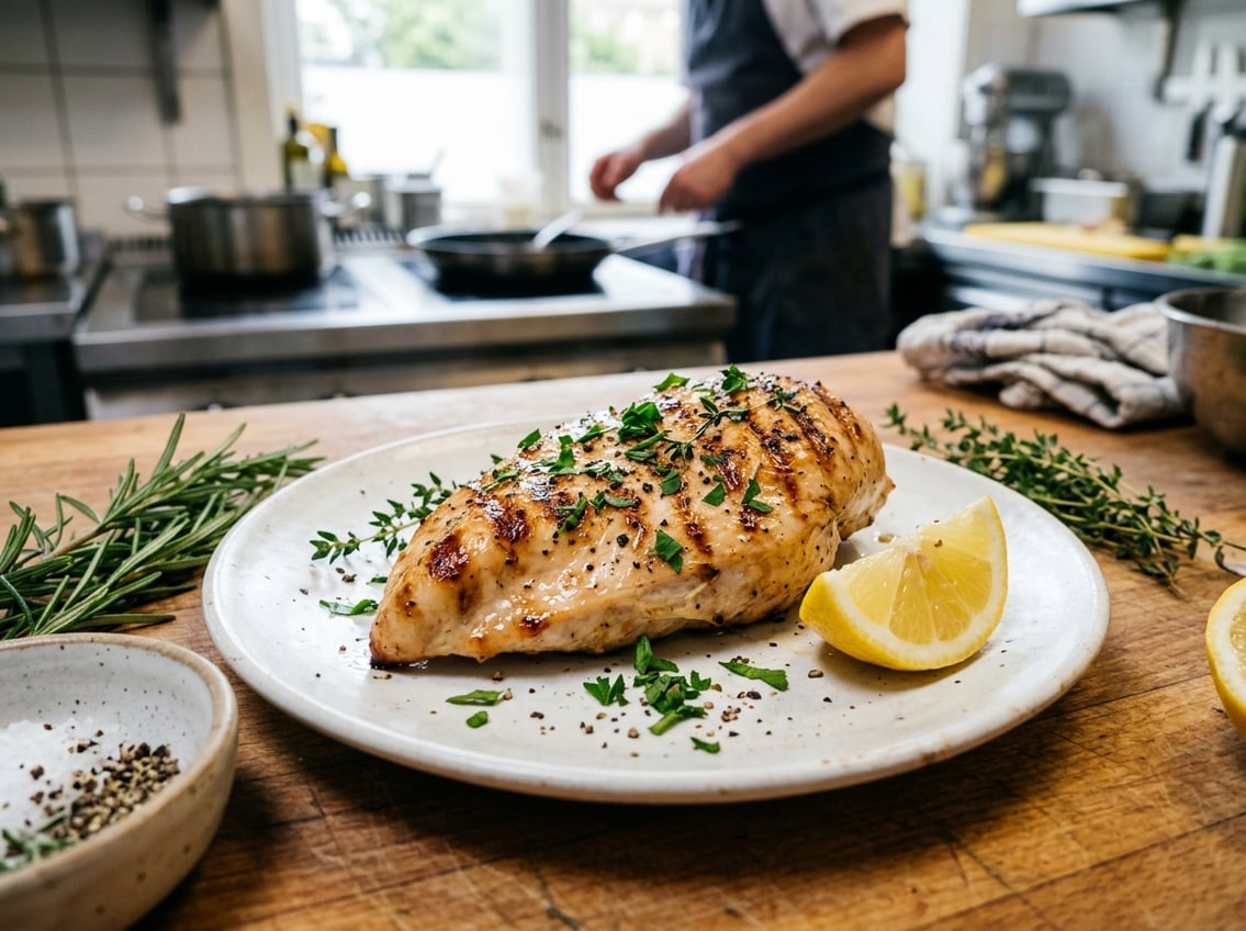 A cooked chicken breast on a plate with herbs and a lemon wedge on a kitchen countertop.