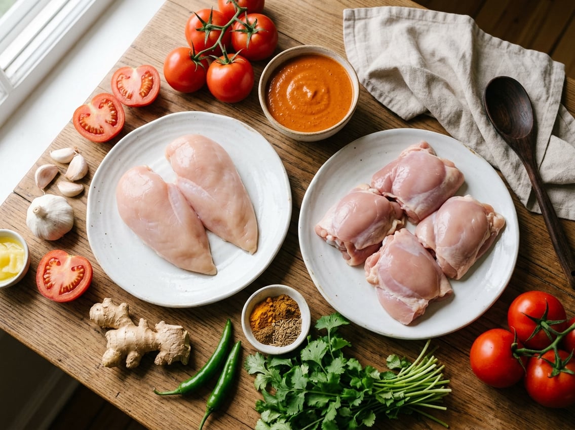 Top-down view of raw chicken breast and thighs on plates surrounded by fresh ingredients for butter chicken on a wooden kitchen table.