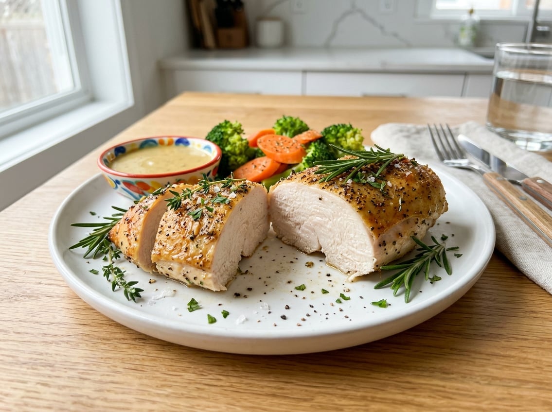 A sliced chicken breast on a plate with herbs and vegetables on a kitchen countertop.