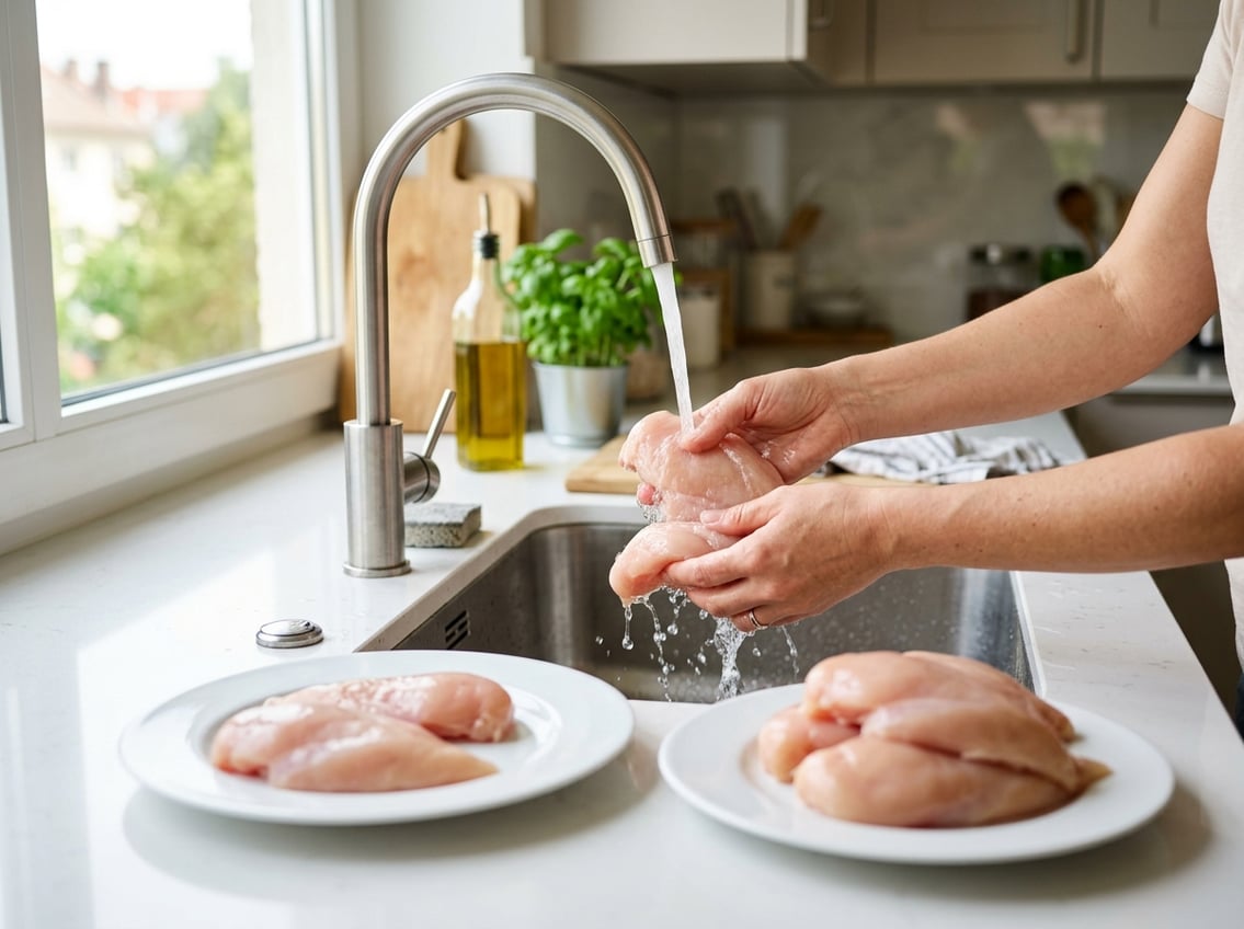 Hands rinsing raw chicken breasts under running water in a clean kitchen sink with fresh chicken on a plate nearby.