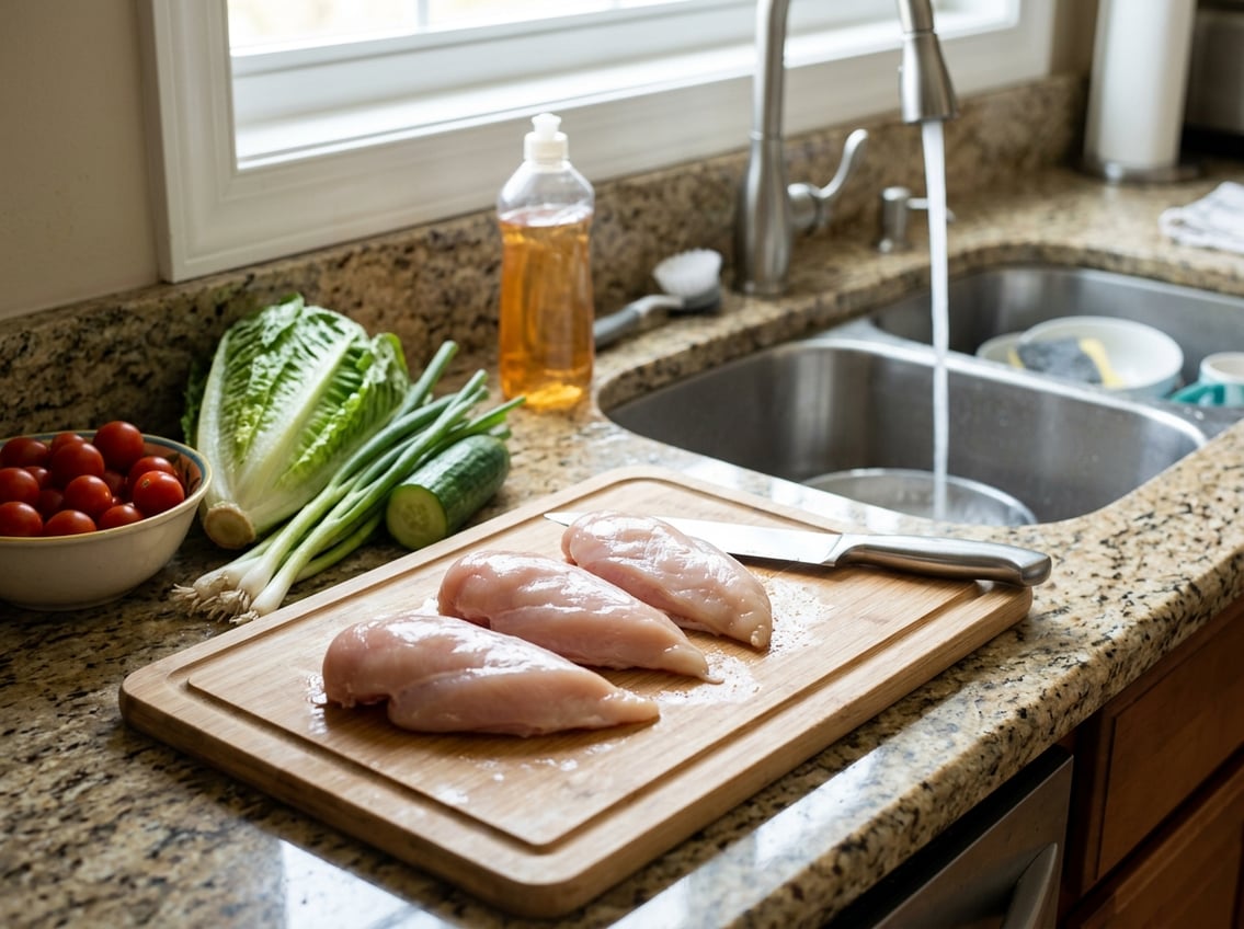 Raw chicken breasts on a cutting board in a kitchen with vegetables and running water nearby.