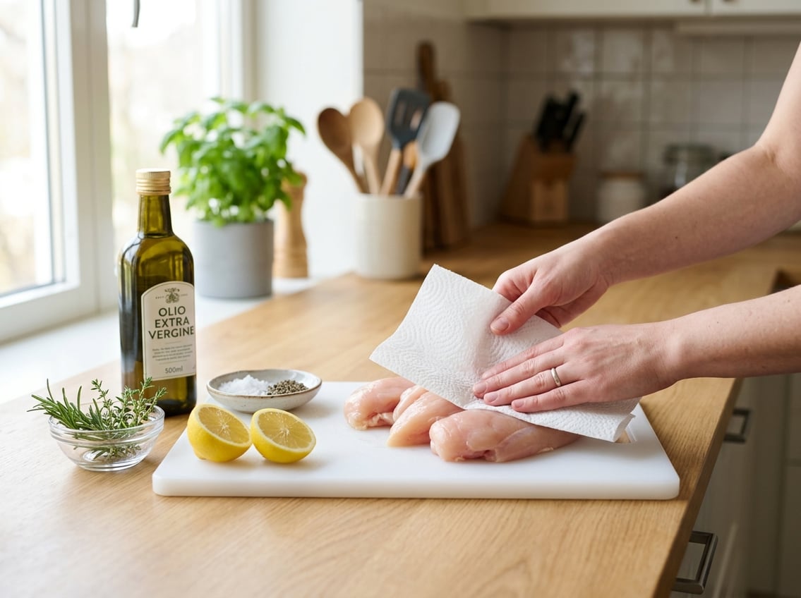Hands patting raw chicken breasts dry on a cutting board with fresh herbs and lemon nearby in a bright kitchen.